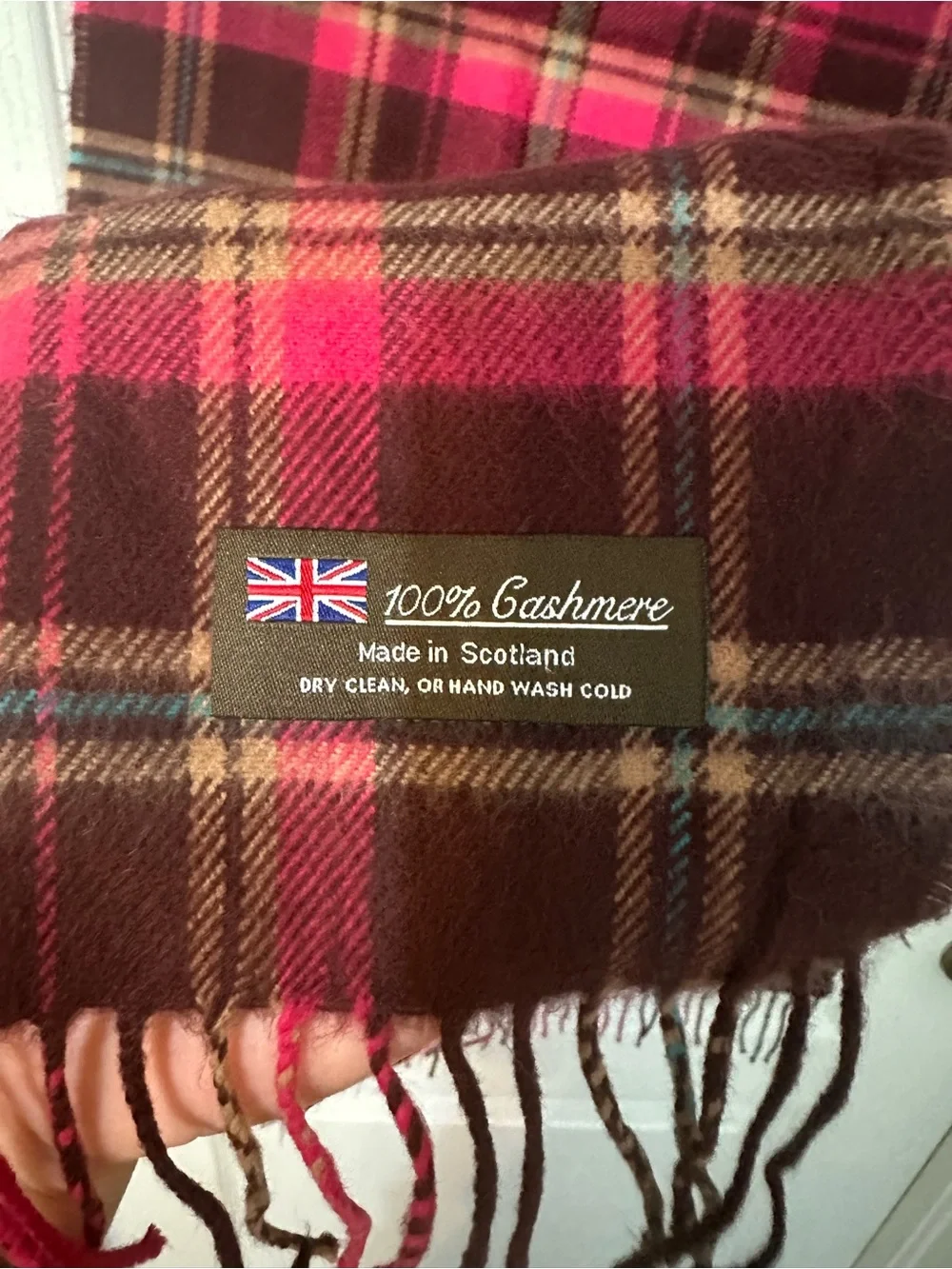 Unisex 100% Cashmere Scarf Made in Scotland Pink Brown Plaid Tartan Fringe